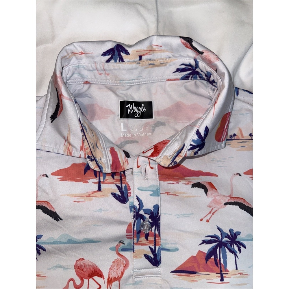 Waggle Golf Polo Mens Medium L Flamingo Tropical Performance Stretch Loud Shirt